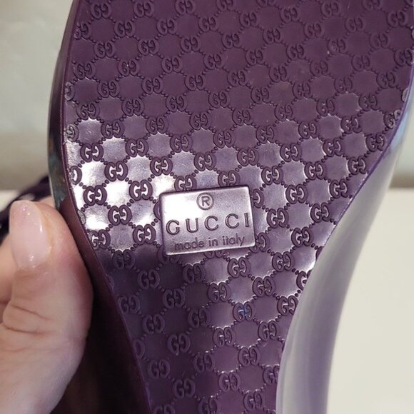 Gucci Interlocking G Logo Rubber Pumps Wedge Rubber Purple Open Toe Size 38 - Picture 8 of 14